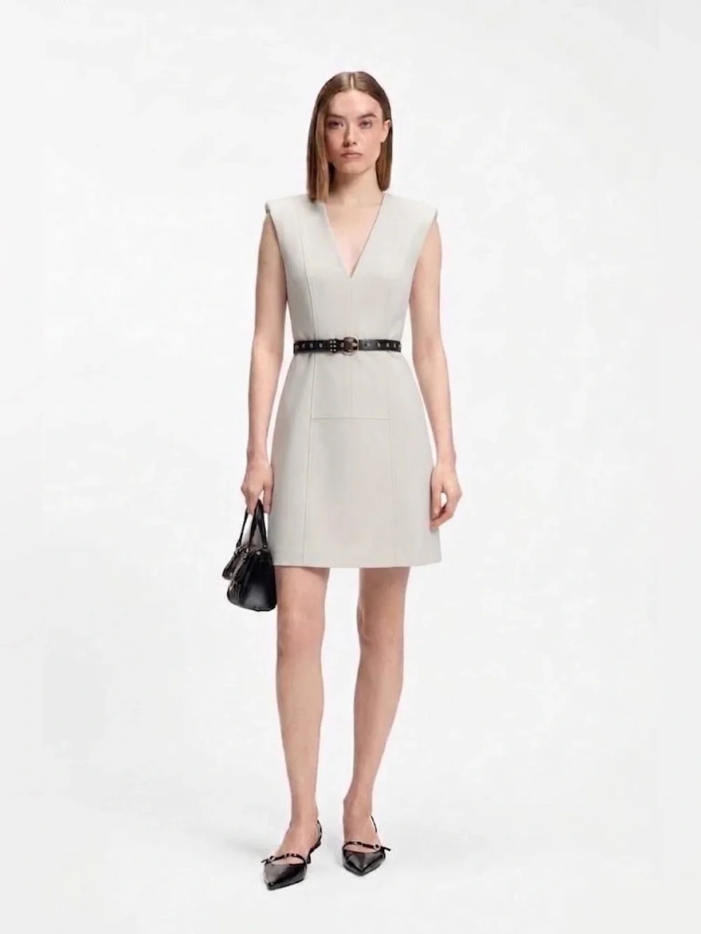 Vintage 2000s Hugo Boss Karna Deep V-Neck Sheath Dress US 8 Beige Officecore Y2K